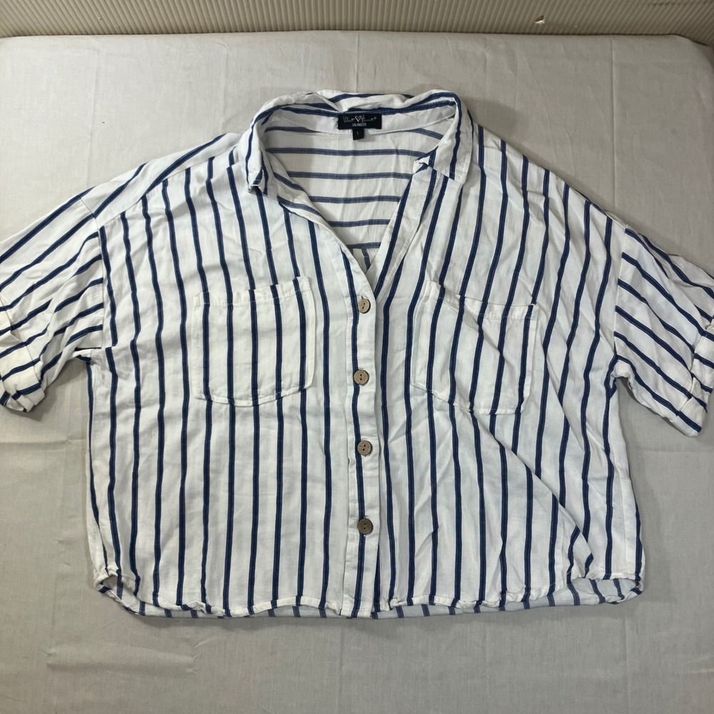 Velvet Heart Blue White Striped Linen Tencel Button Up Shirt Large 8U68-24190